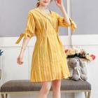 Elbow-sleeve Striped Buttoned A-line Dress