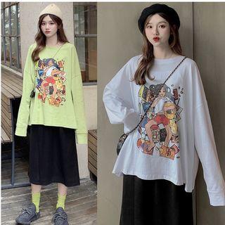 Long-sleeve Cartoon Print T-shirt / A-line Midi Skirt