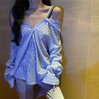 Cold-shoulder Long-sleeve Striped Blouse Stripe - One Size