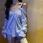 Cold-shoulder Long-sleeve Striped Blouse Stripe - One Size