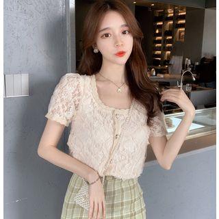 Set: Lace Buttoned Top + Plaid Mini Fitted Skirt