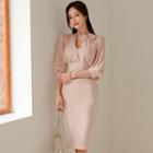 Puff-sleeve Tie-neck Sheath Dress
