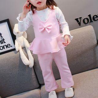 Set: Dotted Long-sleeve Top + Bow-accent Sleeveless Top + Pants