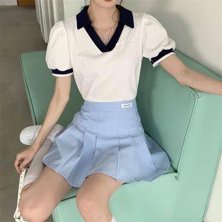 Puff-sleeve Contrast Trim Collar V-neck Top