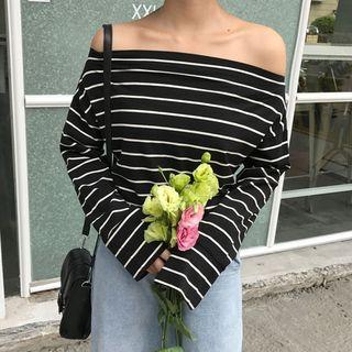 Off-shoulder Long-sleeve Stripes T-shirt