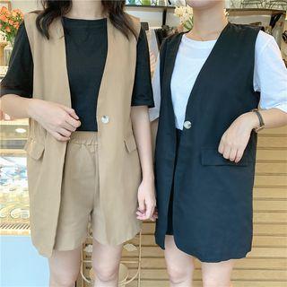 Set: Single-button Vest + Plain Short-sleeve T-shirt + Elastic-waist Shorts