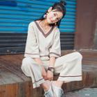 Set: Contrast Trim Elbow-sleeve V-neck Sweater + Wide-leg Pants