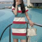 Short Sleeve Striped Knit Dress As Shown In Figure. - One Size