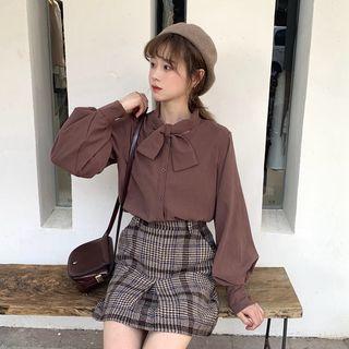 Tie-neck Long Sleeve Blouse / Plaid A-line Skirt