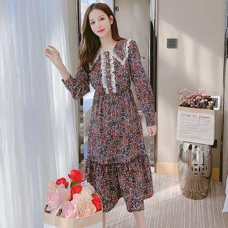 Long-sleeve Peter Pan Collar Lace Panel Floral Dress