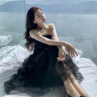 Strapless Top / Mesh Maxi A-line Skirt