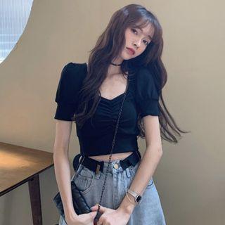 Puff-sleeve Knotted Blouse Black - One Size