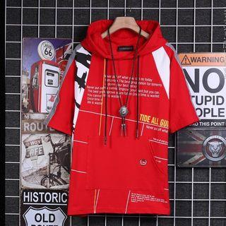 Lettering Paneled Short-sleeve Hoodie