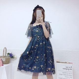 Short-sleeve Sheer Panel Embroidered A-line Dress