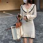 Bell-sleeve Contrast Trim Knit Mini Sheath Dress