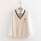 Embroidered Knit Vest / Plain Shirt / Set
