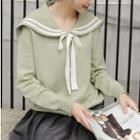 Long-sleeve Striped Trim Wide Collar Knit Top