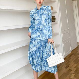 Long-sleeve Print Shirt / Pleated Midi A-line Skirt