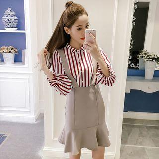 Set: Striped 3/4-sleeve Blouse + Ruffle Hem Suspender Skirt