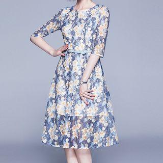 3/4-sleeve Printed Midi Lace Dress