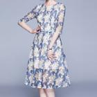 3/4-sleeve Printed Midi Lace Dress