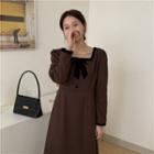 Long-sleeve Square-neck Midi A-line Dress Brown - One Size