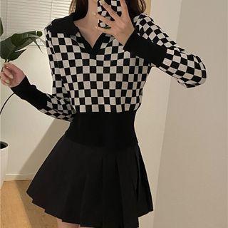 Long-sleeve Open-collar Checkerboard Knit Top