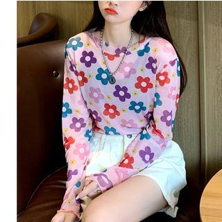 Flower Long-sleeve Top Multicolor Flower - Pink - One Size