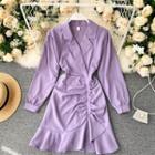 Long-sleeve Ruched Open-collar Mini A-line Dress