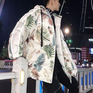 Leaf Print Zip Hooded Padded Jacket