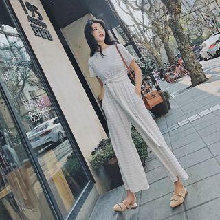 Pinstriped Short-sleeve Tie-waist Jumpsuit