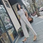 Pinstriped Short-sleeve Tie-waist Jumpsuit