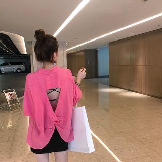 Plain Open-back Long-sleeve Loose-fit Top