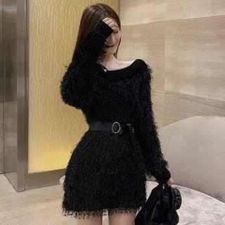 V-neck Furry Mini Sweater Dress