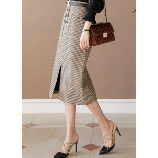 Button-front Slit-hem Plaid Skirt