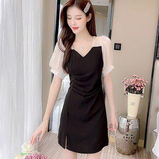 Puff-sleeve Panel Square-neck Shirred Side-slit Dress