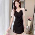 Puff-sleeve Panel Square-neck Shirred Side-slit Dress