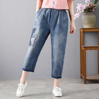Embroidered Elastic-waist Harem Jeans As Shown In Figure - One Size