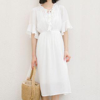 Ruffle Flared-sleeve Midi A-line Dress White - One Size