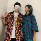 Couple Matching Fire Print Elbow-sleeve T-shirt