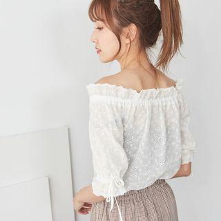 Ruffle Trim Off-shoulder Elbow-sleeve Top