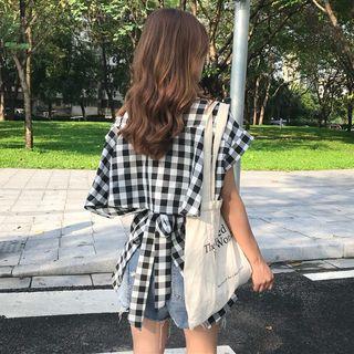Short-sleeve Plaid Tie-waist Shirt