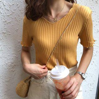 Short-sleeve V-neck Rib Knit Top