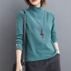 Long-sleeve Mock-neck Floral Embroidered T-shirt