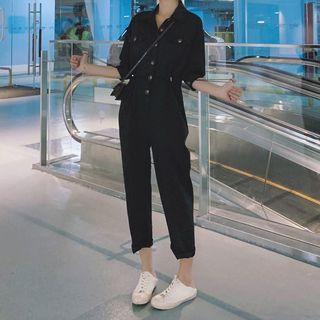 3/4-sleeve Drawstring Cargo Jumpsuit