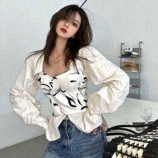 Long-sleeve Mock Two-piece Slim-fit Blouse