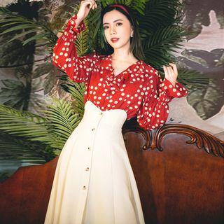 Set: Dotted Blouse + A-line Midi Skirt