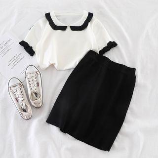 Set: Short-sleeve Knit Top + High-waist Skirt As Shown In Figure - One Size