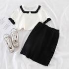 Set: Short-sleeve Knit Top + High-waist Skirt As Shown In Figure - One Size