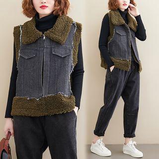 Faux-shearling Panel Denim Vest